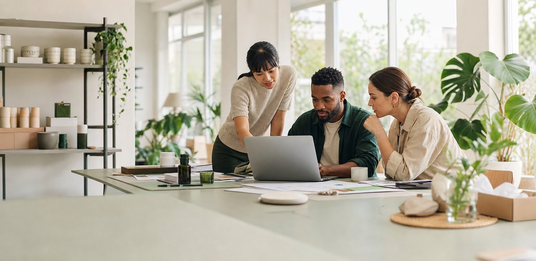 Founders and small-business operators collaborating in a bright modern workspace